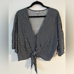 Navy Striped Women's Tie Front Top